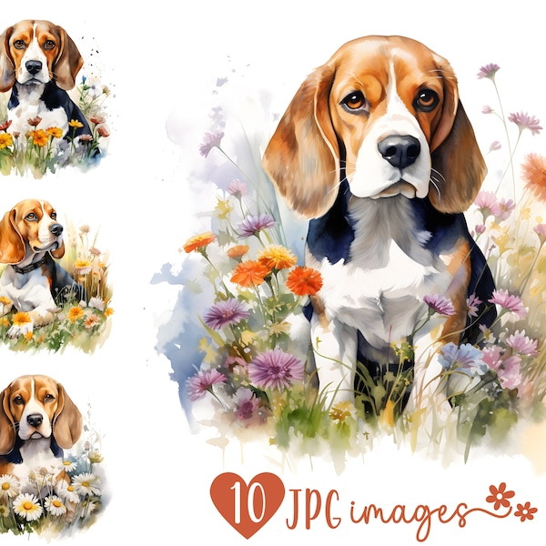 Beagle Clipart Bundle, Watercolor Dog Breed Clipart JPG, Beagle Sublimation designs, Dog with Flowers Prints, Dog Breed Digital Images