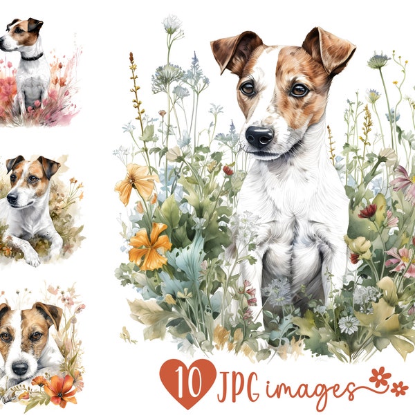 Watercolor Jack Russell Terrier Clipart Bundle | 10 High Quality JPG | Digital Planner, Junk journal, Apparel, Digital Download,