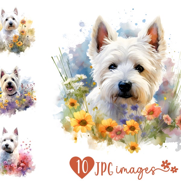West Highland White Terrier Clipart Bundle, Watercolor Westie Sublimation Images in JPG, Westie Scrapbooking Art, Westie Junk Journal Print