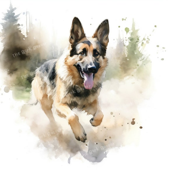 Watercolor Happy German Shepherd Clipart in the Forest | High Quality JPG | Card Making, Digital Planner, Junk journal, Dog Logo design