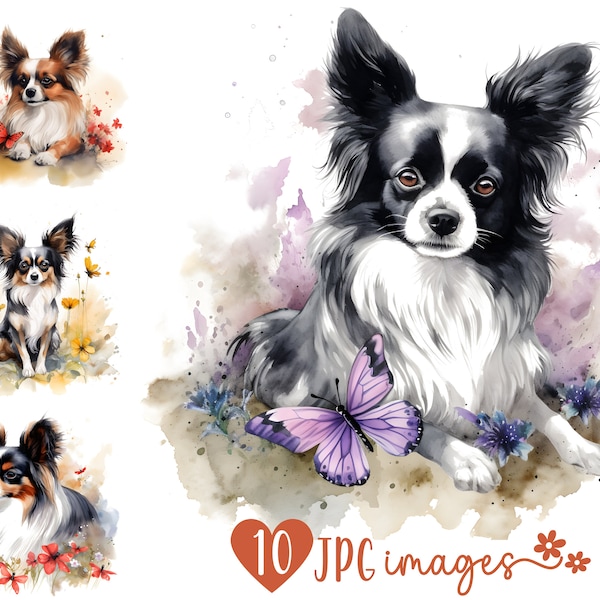 Papillon Clipart Bundle, Watercolor Papillon JPG images,Dog with Flower Image, Dog Breed Digital Design, Papillon Dog Sublimation File