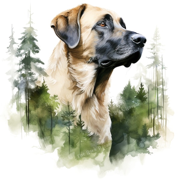 Aquarelle Anatolian Shepherd Dog Portrait Double Exposure Portrait, Printable Wall Art, Digital Download, Dog Painting, Logo Design