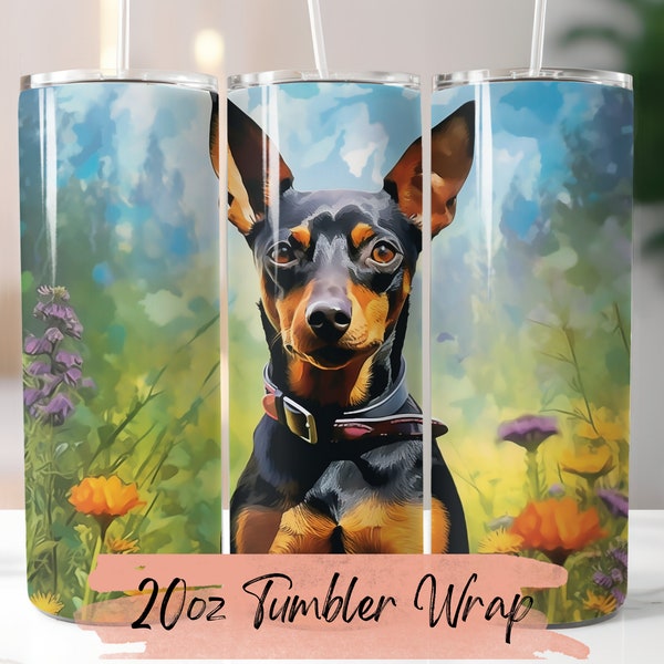 Watercolor Miniature Pinscher 20oz Skinny Tumbler Wrap | Floral Tumbler PNG | Sublimation Design, Digital Download, Dog with Flowers