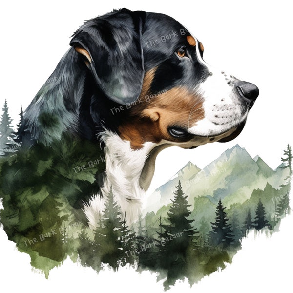 Watercolor Greater Swiss Mountain Dog Portrait Double Exposure Portrait, Printable Wall Art, Digital Download, Dog Painting, Logo Design