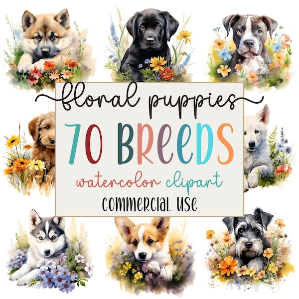 Watercolor Puppies Clipart Bundle, 70 Dog Breeds JPG Images, Dog Sublimation Designs for Print on Demand, Flower Dogs Clipart Pack for POD