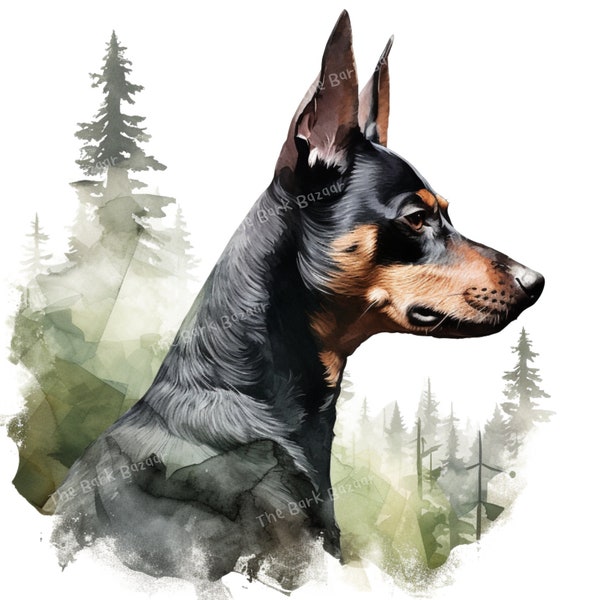 Pinscher nain aquarelle Portrait Double exposition Portrait, imprimable Wall Art, téléchargement numérique, chien peinture, création de Logo