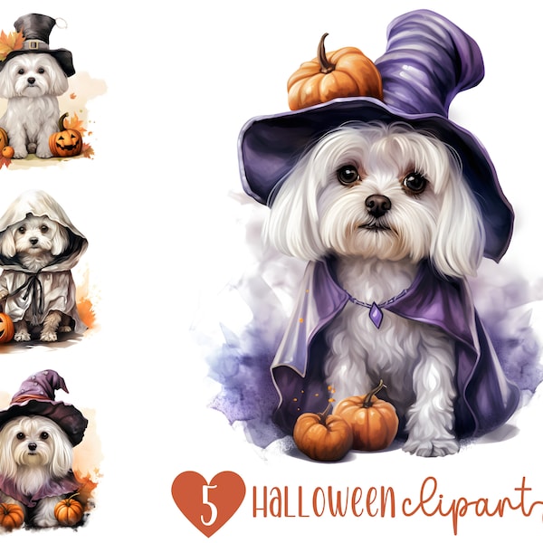 Maltese Halloween Clipart Bundle, Watercolor Maltese JPG Images, Dog in Halloween Costume, Cute Halloween Dog Illustrations