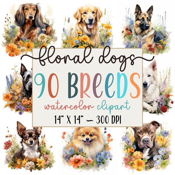 Watercolor Dogs with Flowers MEGABUNDLE 90 Dog Breeds | 100 High Quality 300 DPI JPG | Digital Download |Commercial Use