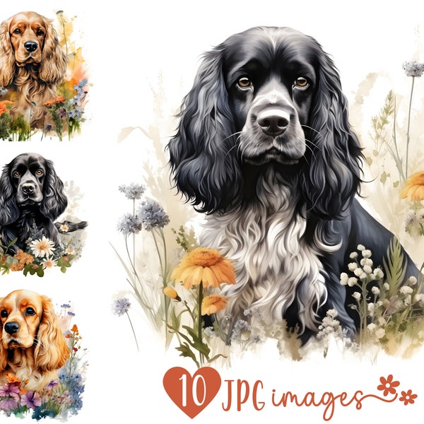 American Cocker Spaniel Clipart Bundle JPG, Watercolor Dog Illustrations, Card Making Digital Prints, Dog DIY Project Images, Scrapbooking