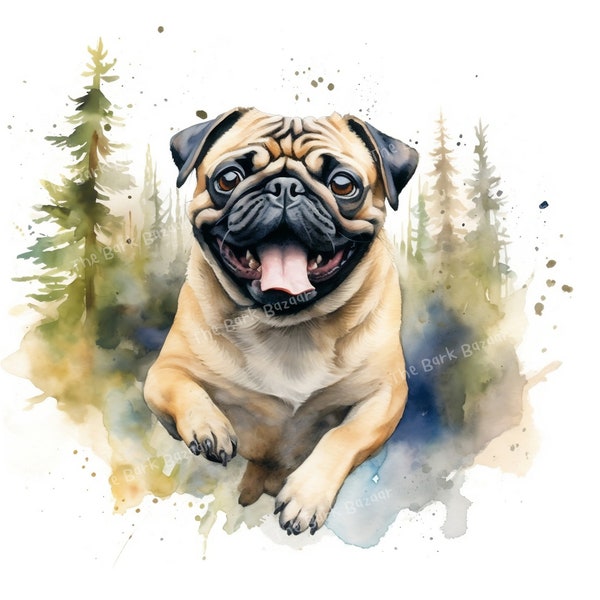 Aquarell Mops Clipart im Wald | Hochwertige JPG-Kartenherstellung, digitaler Planer, Junk-Journal, Hundelogo-Design