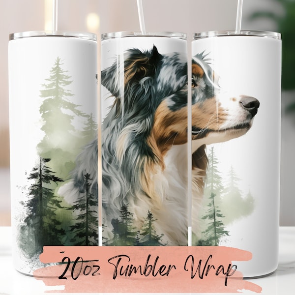 Watercolor Australian Shepherd 20oz Skinny Tumbler Wrap | Dog Tumbler PNG | Sublimation Design, Digital Download, Instant Download