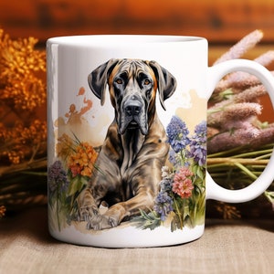 Watercolor Great Dane Mug | 11oz Ceramic | Dog Lover Coffee Mug | Great Dane Gift | Dog Dad | Dog Mom | Floral Dog Mug