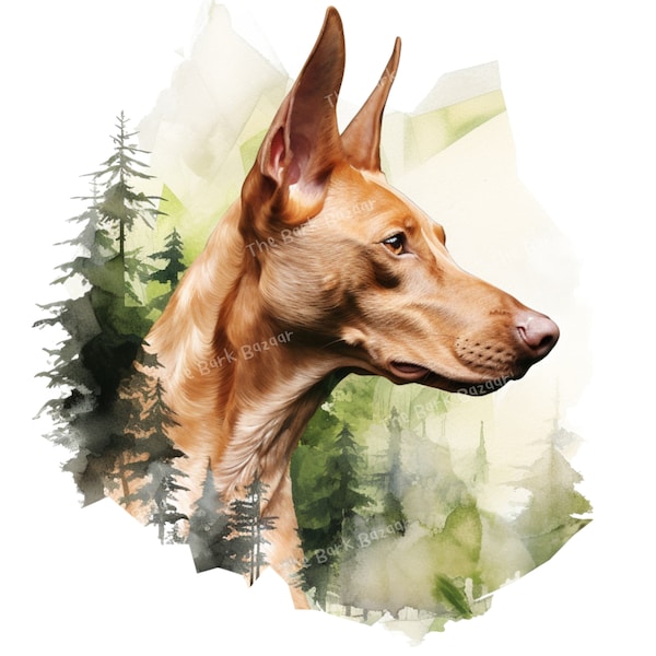 Aquarelle Pharaoh Hound Portrait Portrait de double exposition, Art mural imprimable, Téléchargement numérique, Peinture de chien, Création de logo