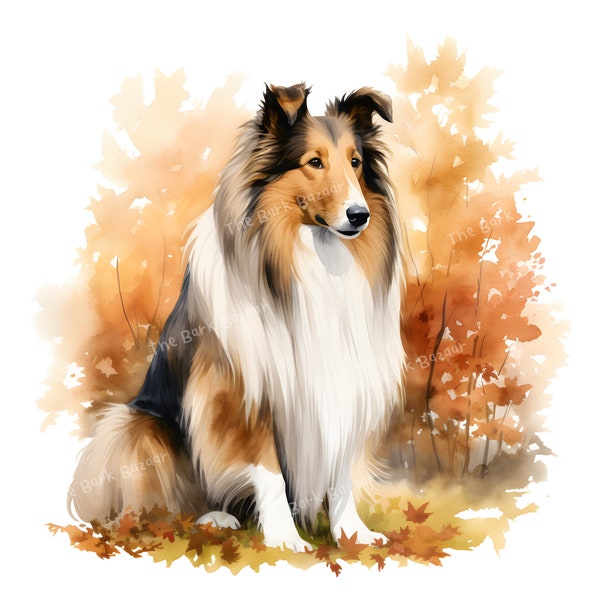 Watercolor Rough Collie JPG Clipart, Fall Dog Image, Autumn Dog Portrait, Dog Sublimation Design, Scrapbooking Images, Commercial Use