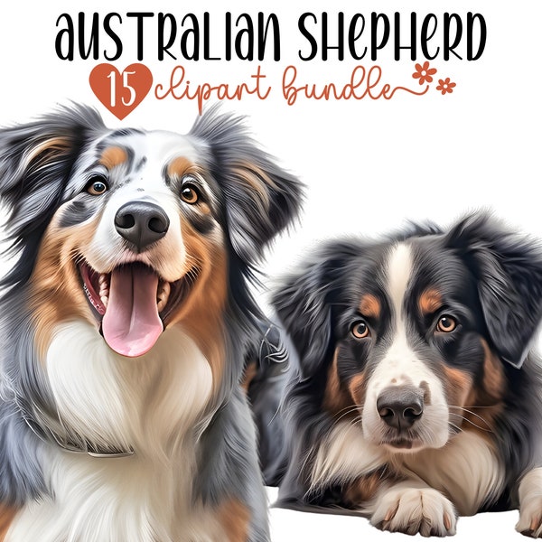 Australian Shepherd Clipart Bundle | 15 High-Quality PNG Files | Aussie Digital Planner, Junk journal, Digital Download | Commercial Use