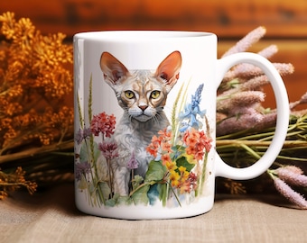 Watercolor Devon Rex Mug | 11oz Ceramic | Cat Lover Coffee Mug | Cat Dad Gift | Cat Mom Gift | Floral Cat Mug