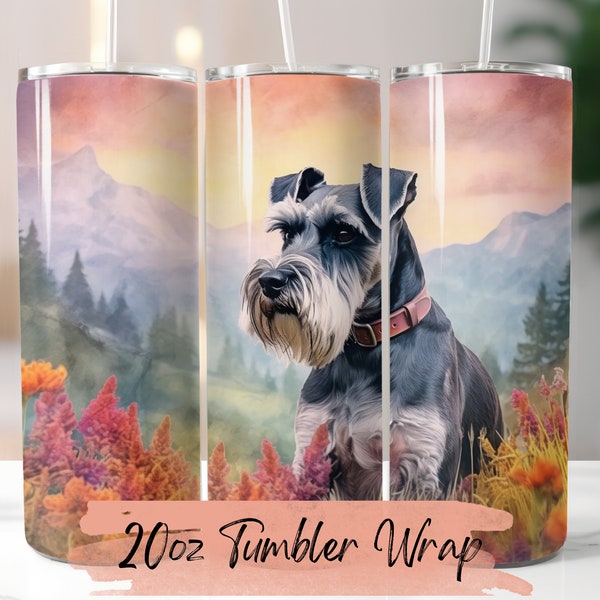 Watercolor Miniature Schnauzer 20oz Skinny Tumbler Wrap | Floral Tumbler PNG | Sublimation Design, Digital Download, Dog with Flowers