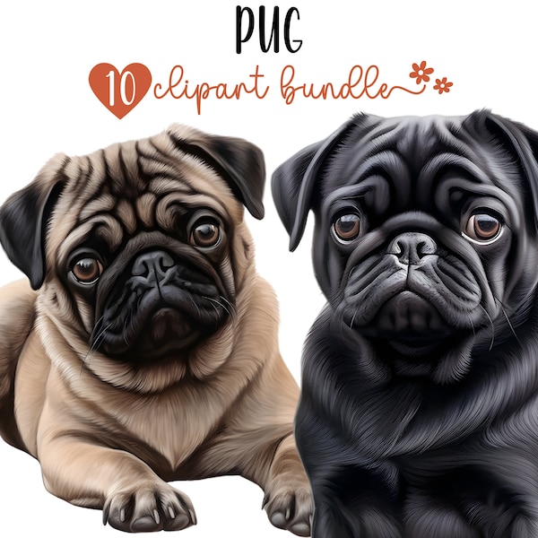 Pug Clipart Bundle | 10 High-Quality PNG Files | Digital Planner, Junk journal, Digital Download | Commercial Use