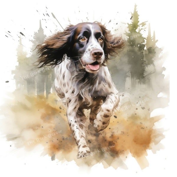 Aquarelle English Springer Spaniel Clipart dans la forêt | Fabrication de cartes JPG de haute qualité, planificateur numérique, journal indésirable, conception de logo de chien