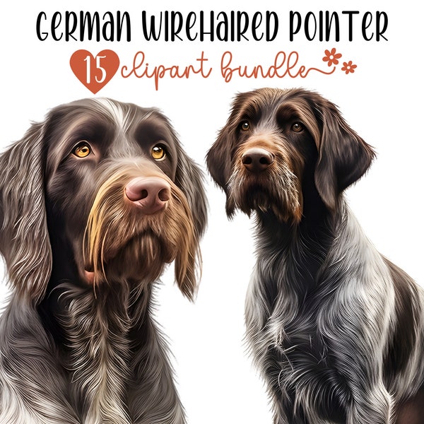 German Wirehaired Pointer Clipart Bundle | 15 High-Quality PNG Files | Digital Planner, Junk journal, Digital Download | Commercial Use