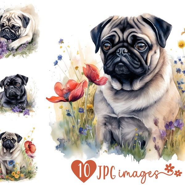 Watercolor Pug Clipart Bundle, Dog Breed Clipart JPG, Pug Sublimation designs, Dog with Flowers Prints, Pug Digital Images for DIY projects