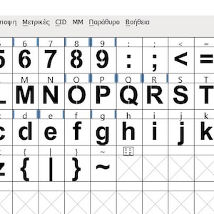May include: A black and white image of a font chart showing the Arial Bold Stencil CNC font. The chart includes all uppercase and lowercase letters, numbers, punctuation marks, and symbols.