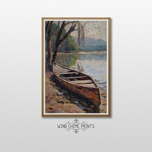Rilassante pittura sul lago / Canoa sulla riva / Toni della terra / Arte da parete Natura morta / Arte in stile vintage / Arte da parete stampabile / #0135