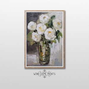 Still life White Roses in Antique Vase Painting / Soft Whites / Botanical Wall Decor / Vintage Art / Living Room Art / Printable Art / #0113