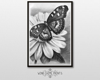 Vintage Butterfly Flower Art / Digital Download / Black and White / Vintage Style Art / Printable Wall Art / #0205