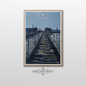 Rustic Ocean Painting - Pier at Night / Cool Tones / Nautical Art / Vintage Art / Living Room Art / Printable Art / #0134