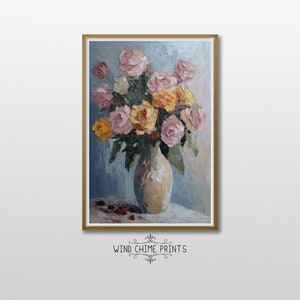 Still life Flowers in Antique Vase Painting / Cool Tones / Botanical Wall Decor / Vintage Art / Living Room Art / Printable Art / #0112