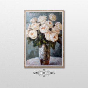 White Roses in Antique Vase Painting / Soft Whites / Botanical Wall Decor / Vintage Still Life Art / Living Room Art / Printable Art / #0114