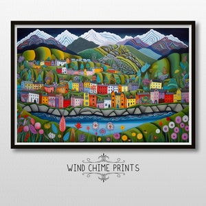 Village on the River Landscape Naive Painting / Rich Color Palette / Landscape Wall Art / Naive Art Print / Printable Wall Art / #0198