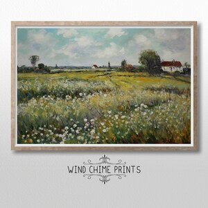Pittura paesaggistica di fiori estivi rustici / Colori tenui / Decorazione della parete / Arte moderna della fattoria / Stampa artistica del paesaggio / Arte stampabile / #0052