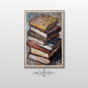 Rustic Stack of Books Still Life Painting / Warm Tones / Vintage Still Life Art / Library Art / Living Room Art / Printable Art / #0120