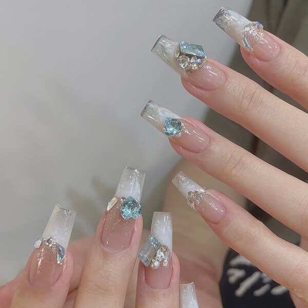 Blue Galaxy ins glitter press on nail Stylish long coffin nails Birthday gift for her Handmade gift