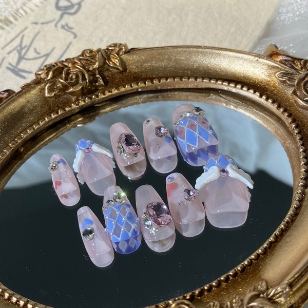 Blue diamond press on nail Handmade gift Holiday Nails