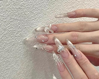 Sliver cat eye diamond shiny Nails Long stiletto gradient Nail Handmade gift for her wedding Nails Best Friend Gift