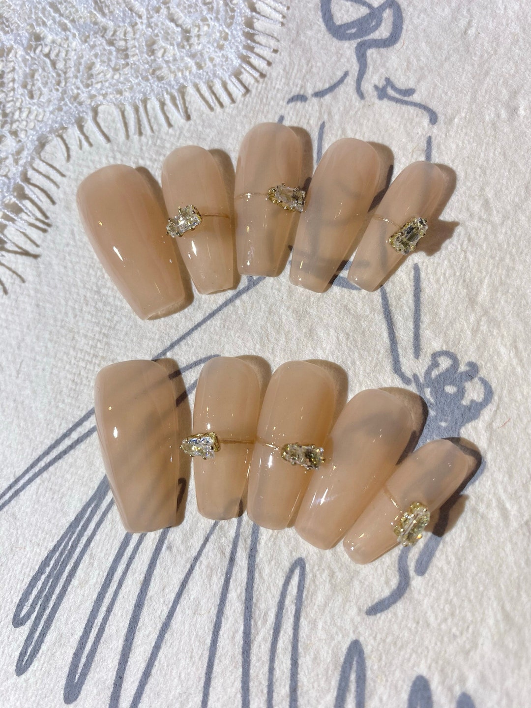 Nude Japanese Diamond Nude Nuterual Neutral Press on Nails Long Coffin