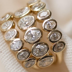 14K Solid Gold Yellow Gold Wedding Band For Women, Oval Cut Lab Grown Diamond Band, Full Bezel Set Half Eternity Band, Stacking Gold Band
