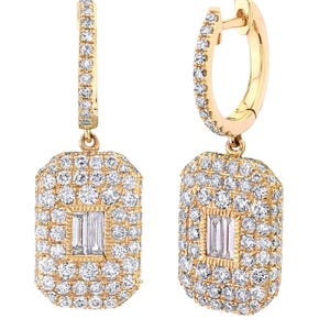Baguette & Round Moissanite Diamond Drop Earrings - 14k Solid Gold Halo