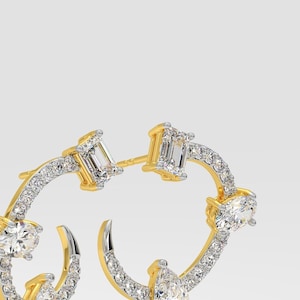 Diamond Hoop Earrings, Emerald Cut Natural Lab Diamonds, Common Prong Setting, 18k Solid Yellow Gold, Luxurian Jewels