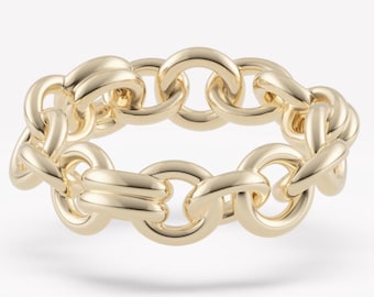 14K Gold Chain Ring, Interlocking Chain Ring, Yellow Gold Chain Link Ring, Chunky Gold Ring, Stackable Gold Band, Circle Chain Gold Band