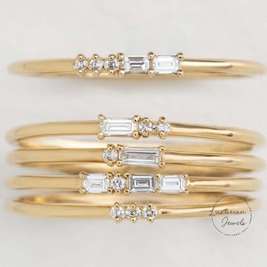 14K Yellow Gold Morse Code Diamond Band, Baguette & Round Lab Grown Diamond Ring,