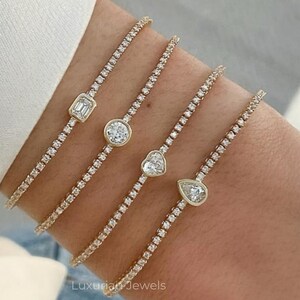 Diamond Bracelet, Round, Heart, Pear, Emerald Cut Center, Adjustable Drawstring Chain, 14K Yellow, White, Rose Solid Gold, Tennis Bracelet