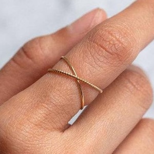 14k Solid Gold X Ring, Minimalist and Dainty Criss Cross Ring, Twisted Rope and Simple Band Design, Unique, Trendy and Fashion