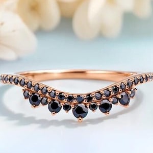 Vintage Black Diamond Wedding Band Women Rose Gold Band Antique Stacking Matching Ring Unique Curved Wedding Anniversary Promise Ring