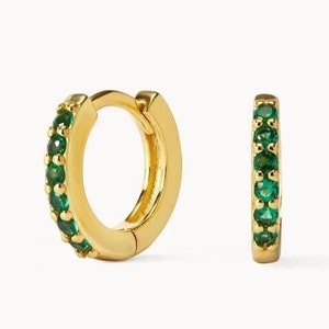 Natural Emerald Earrings / Huggie Earrings / 14k Gold 8MM Emerald Huggie Hoop Earrings / Small Hoop Emerald Earrings / Jewelry Gift