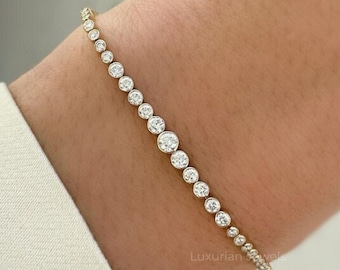 Tennis Bracelet, 14k Gold Bezel Setting Round Cut Lab Diamond Tennis Bracelet, Genuine Diamond Bracelet, Gold Diamond Bracelet, Sale Today