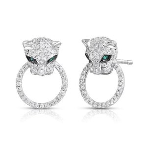 18k Solid Gold Earrings, Natural Lab Diamond Pave Panther with Emerald Eyes Stud, Cat Earrings, Jaguar Earrings, Panther Earrings